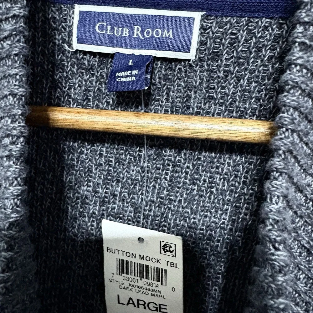 Club Room Sweater Mens L Gray Button Neck Cotton Knit Lightweight Pullover New